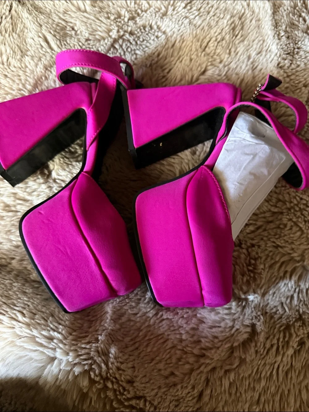 Women’s Hot Pink Square-Toe Ankle Strap Heels with Rhinestone Buckle